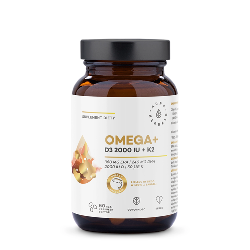 Aura Herbals - Omega+ Witamina D3 2000 IU + K2 - Kapsułki - 60szt